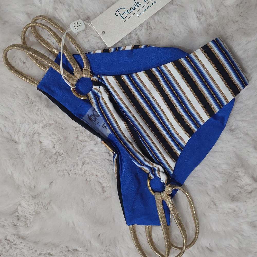 NWT Beach Bunny Out of Line Stripe Blue Gold Strappy Reversible Bikini Bottoms L